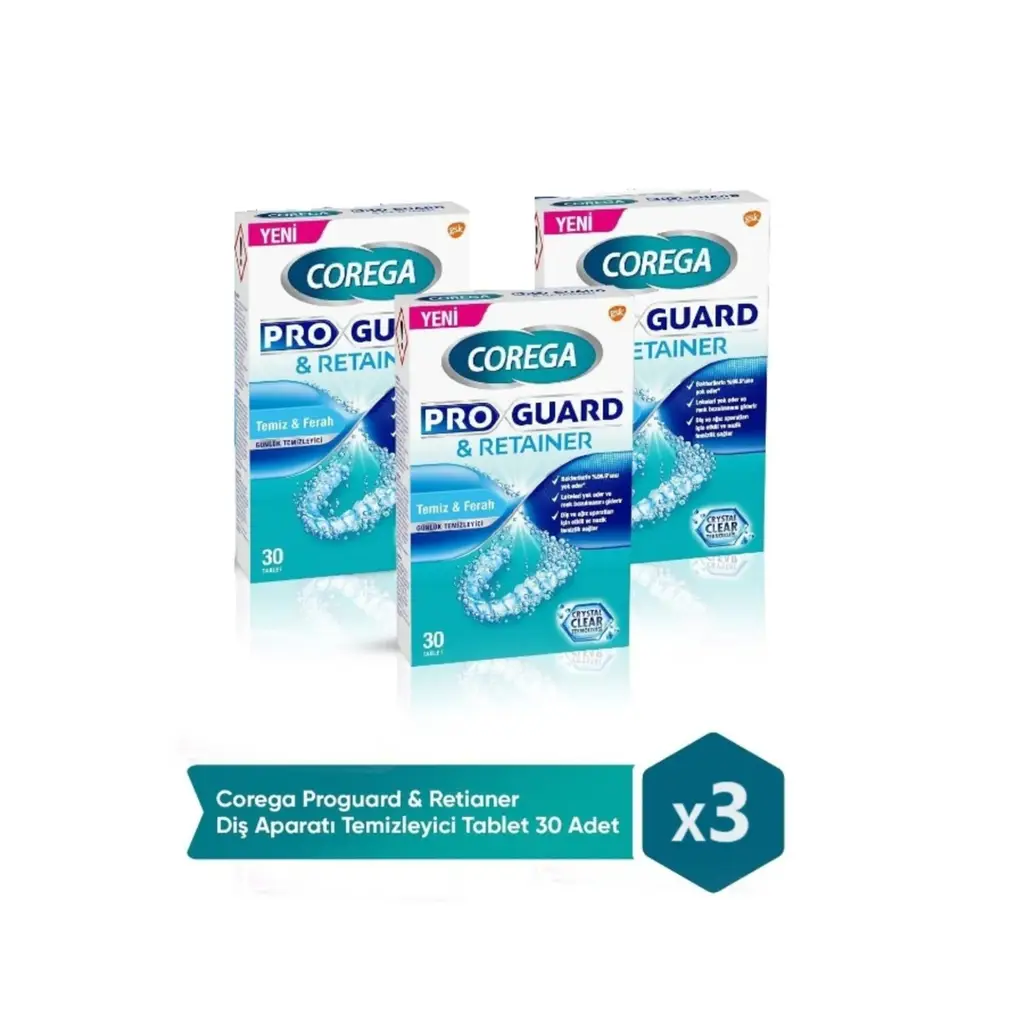 Corega Pro Guard & Ortodontik Günlük Diş Protezi Temizleyici 30 Tablet 3 Adet