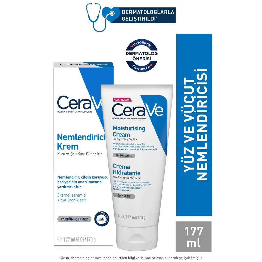 CeraVe Nemlendirici Krem Kuru Ciltler Seramid ve Hyalüronik Asit İçerikli Yüz Vücut 177ml