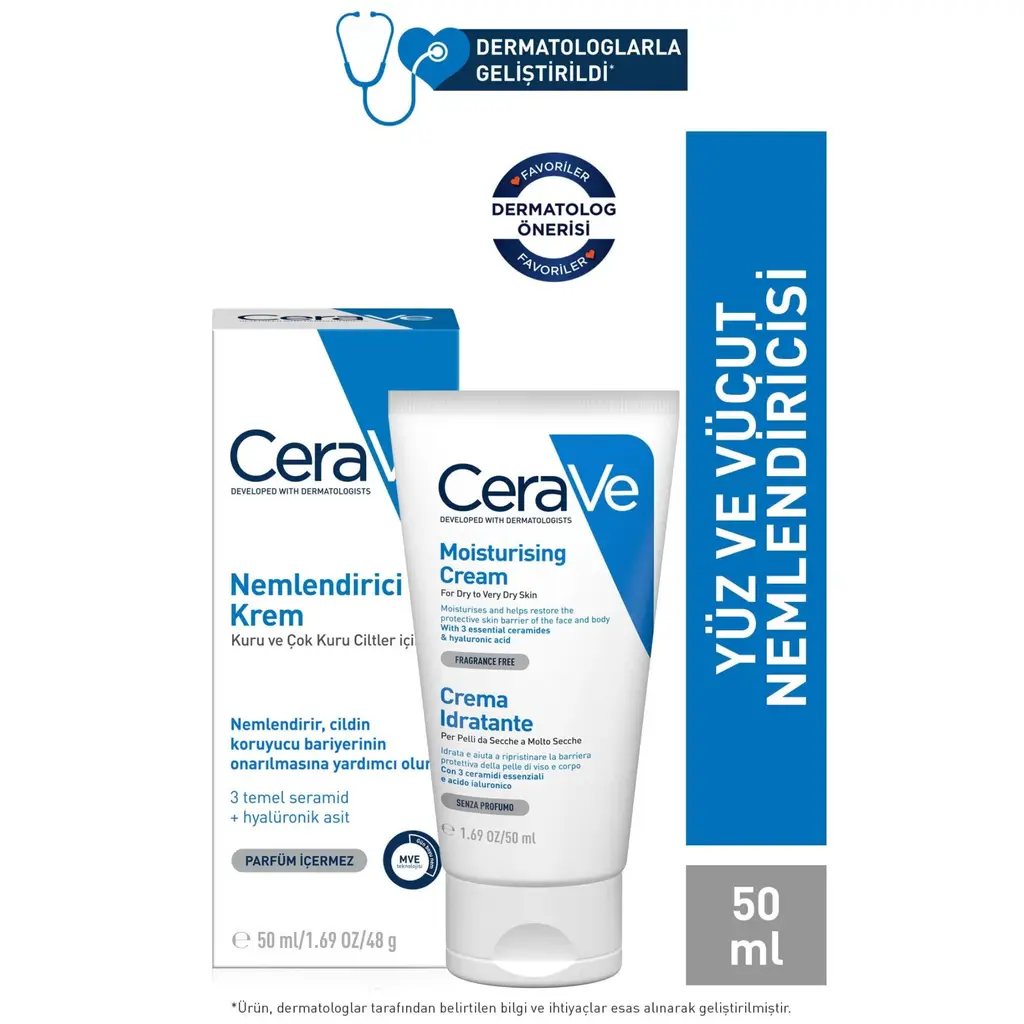 CeraVe Nemlendirici Krem Kuru Ciltler Seramid ve Hyalüronik Asit İçerikli Yüz Vücut 50ml