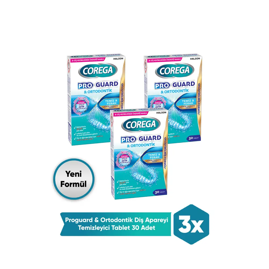 Corega Pro Guard & Ortodontik Günlük Diş Protezi Temizleyici 30 Tablet 3 Adet