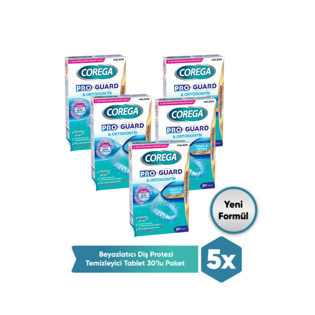 Corega Pro Guard & Ortodontik Günlük Diş Protezi Temizleyici 30 Tablet 5 Adet