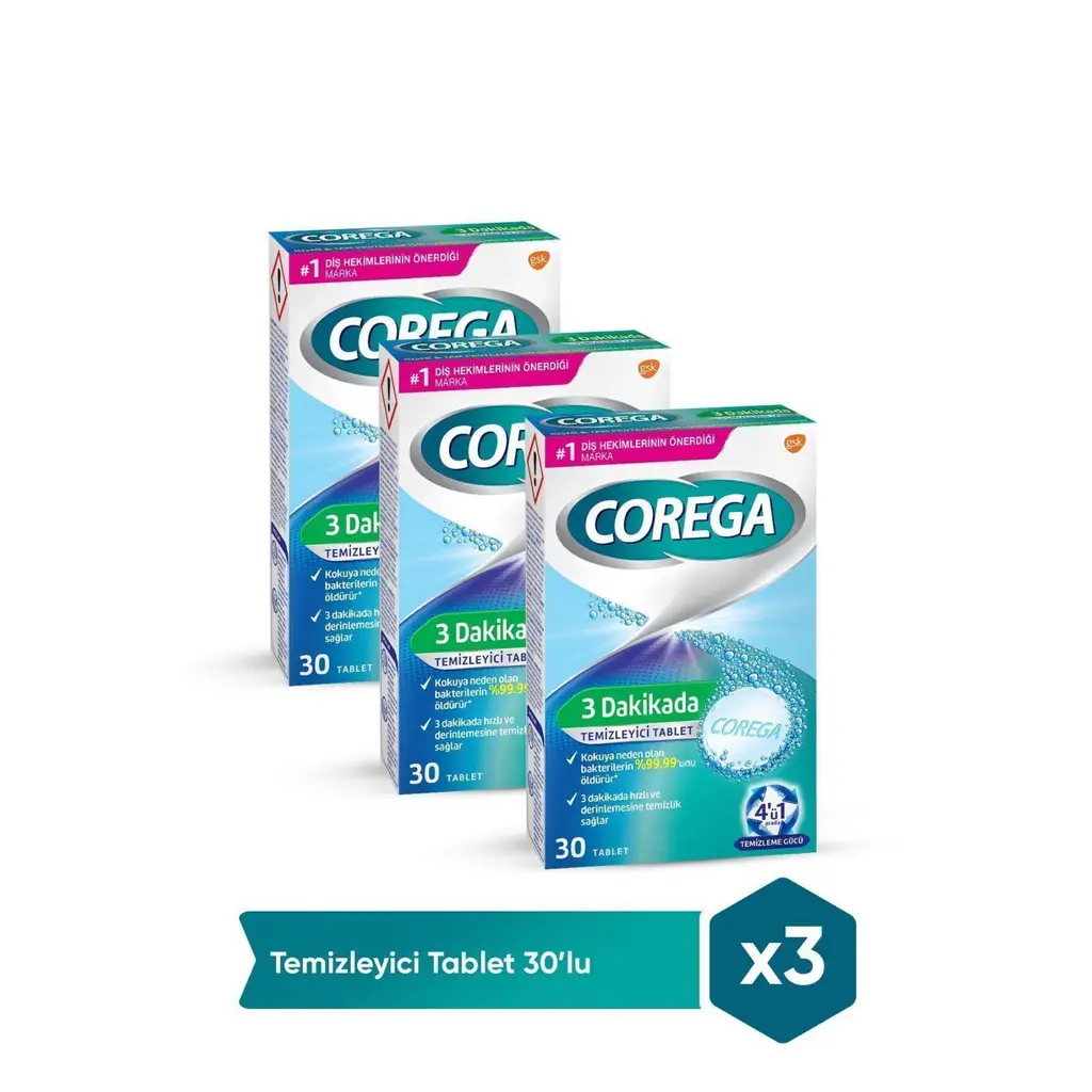Corega 3 Dakikada Diş Protezi Temizleyici 30 Tablet 3 Adet