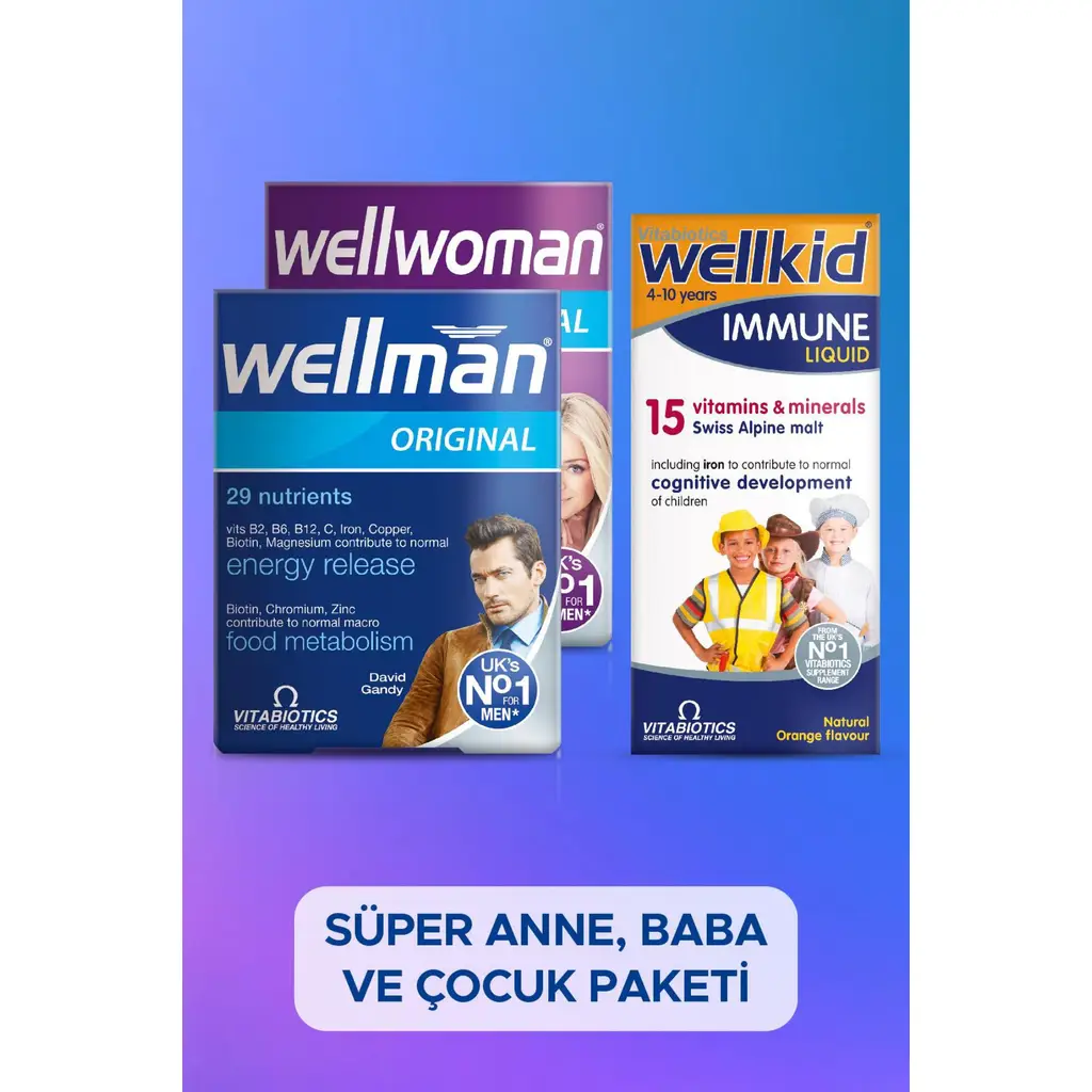 Wellman + Wellwoman + Wellkid Immune Liquid Süper Anne, Baba ve Çocuk Paketi